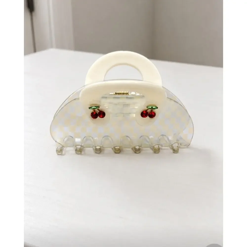 Acetate Checkered Cherry Rhinestone Hair Claw Clip